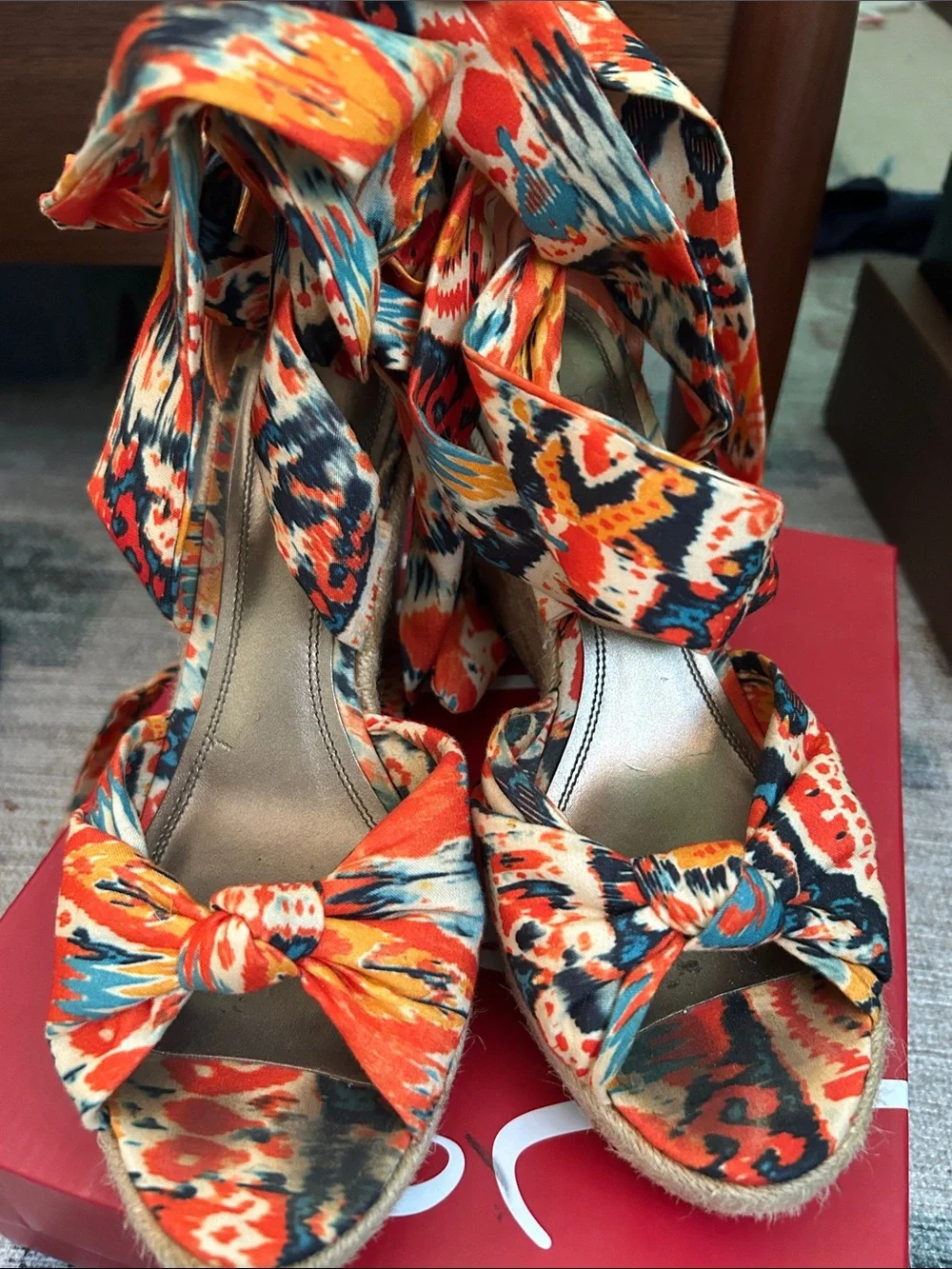 Impo Orange Multi Floral Tie-Wrap Espadrille Wedges